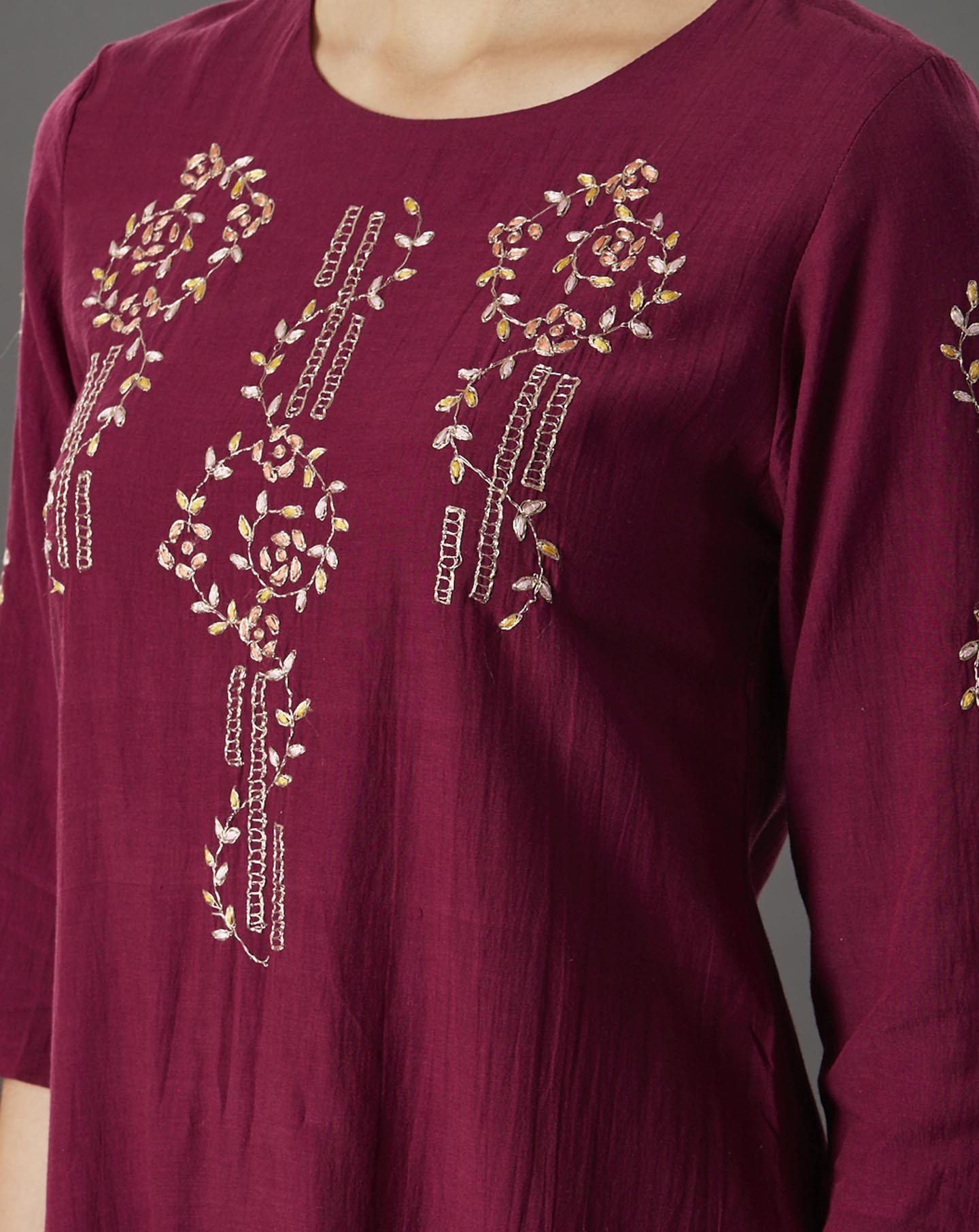 MAROON EMBROIDERED COTTON SILK KURTA
