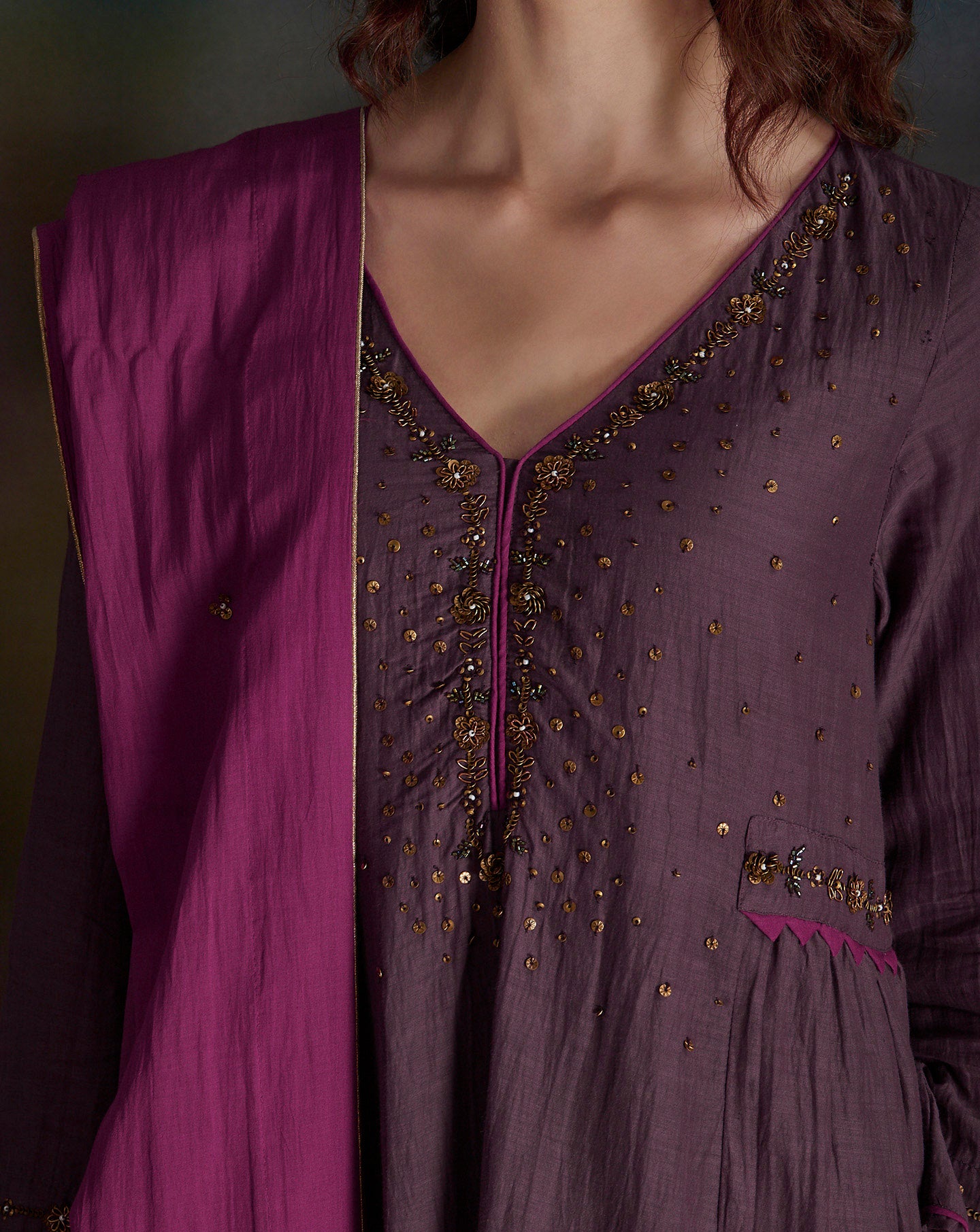 MAUVE EMBELLISHED COTTON SILK ANARKALI KURTA WITH MAGENTA PANTS