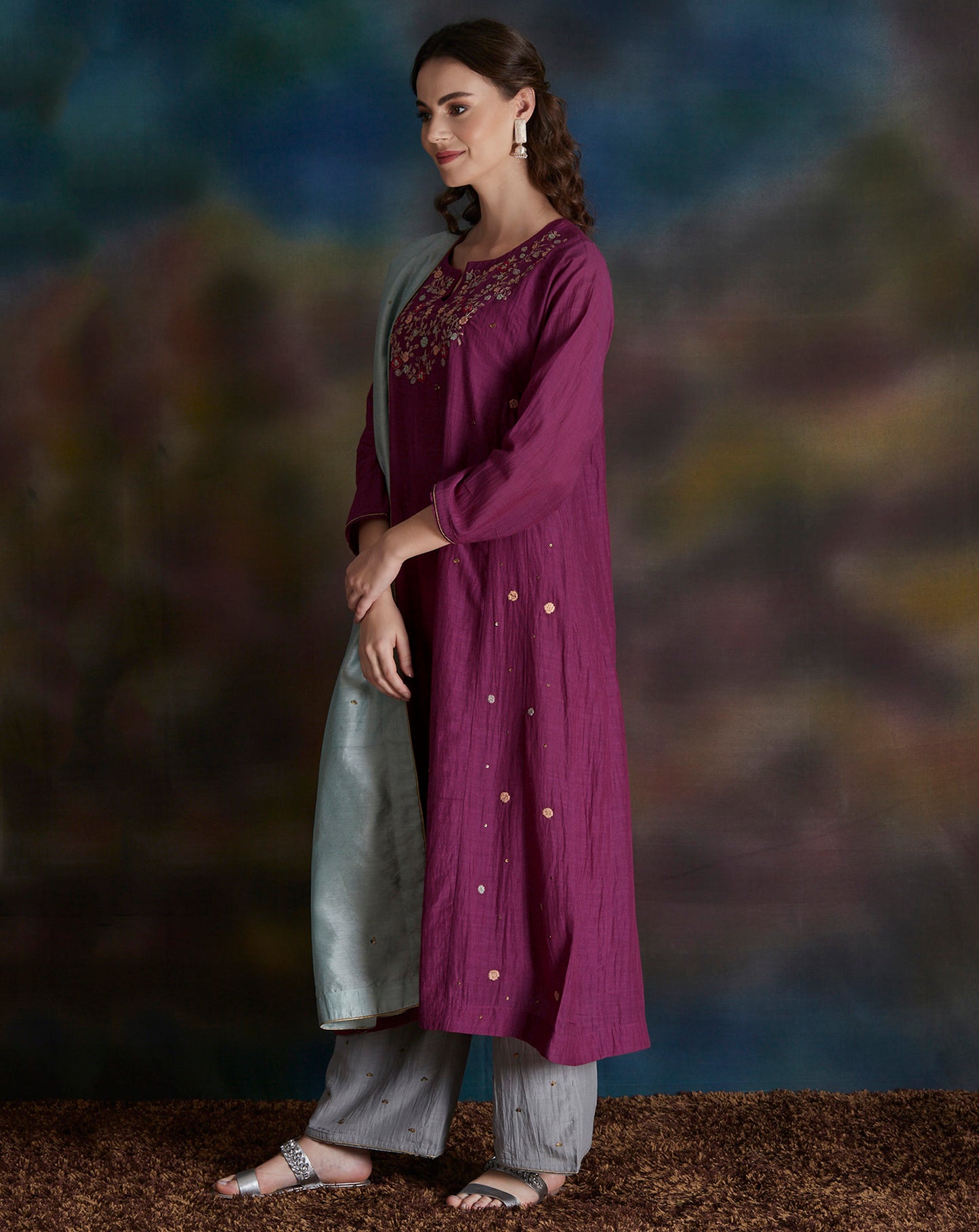 MAGENTA EMBROIDERED COTTON SILK KURTA WITH GREY PALAZZO