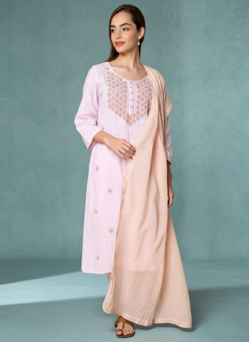 PINK COTTON DOBBY PLEATED KURTA WITH PANTS