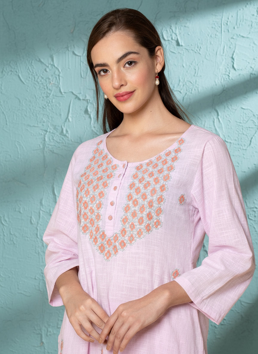 PINK COTTON DOBBY PLEATED KURTA WITH PANTS