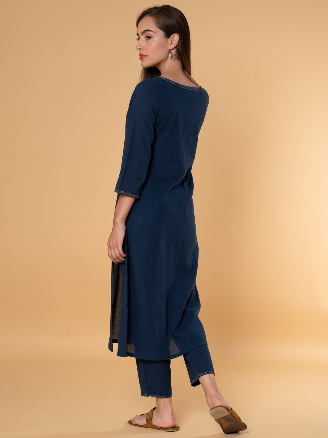 NAVY BLUE EMBROIDERED COTTON KURTA