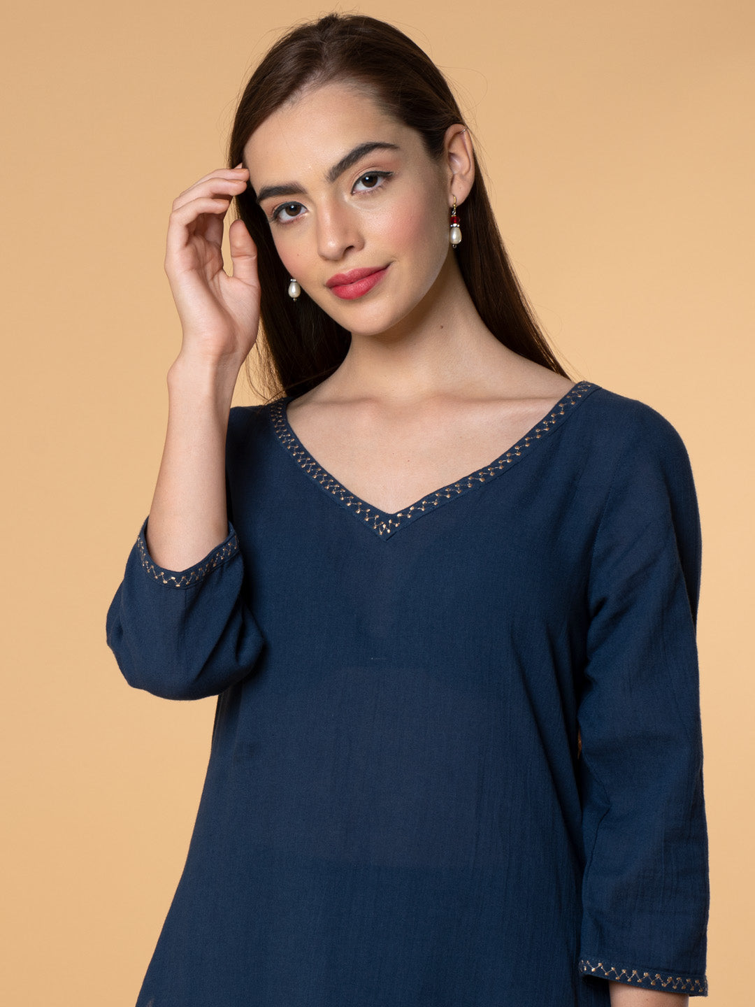 NAVY BLUE EMBROIDERED COTTON KURTA