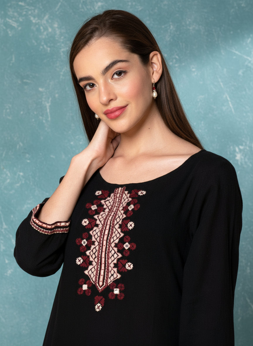 BLACK EMBROIDERED COTTON KURTA