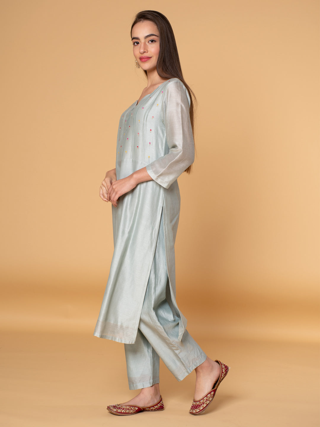 PASTEL GREEN EMBROIDERED CHANDERI KURTA