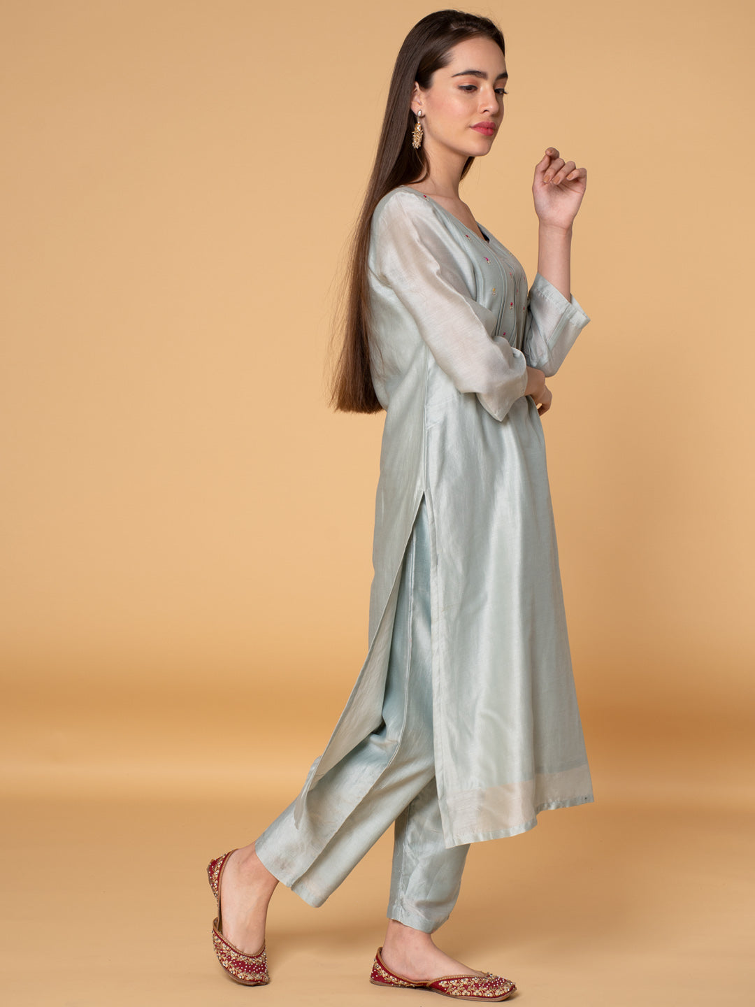 PASTEL GREEN EMBROIDERED CHANDERI KURTA