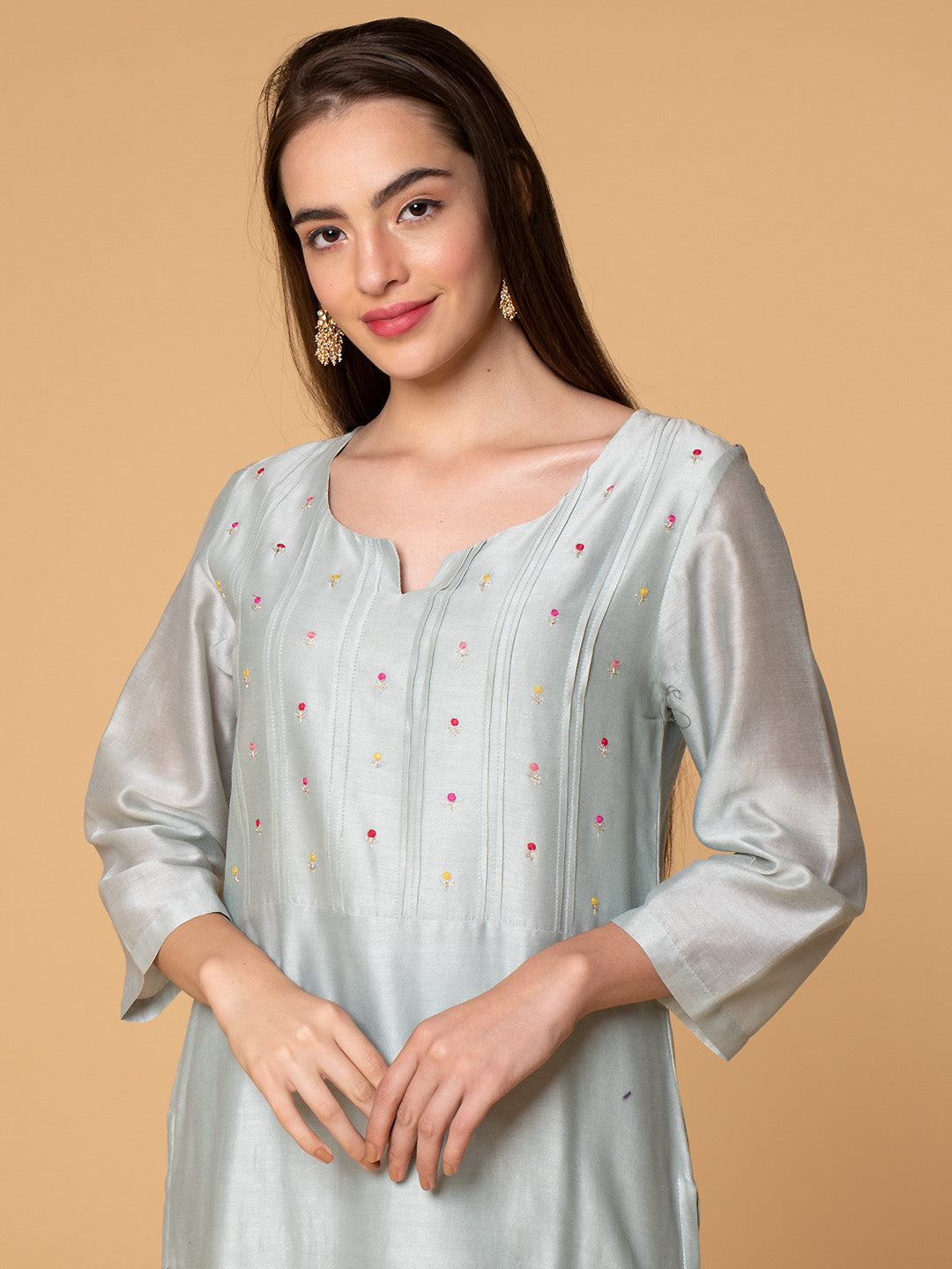 PASTEL GREEN EMBROIDERED CHANDERI KURTA