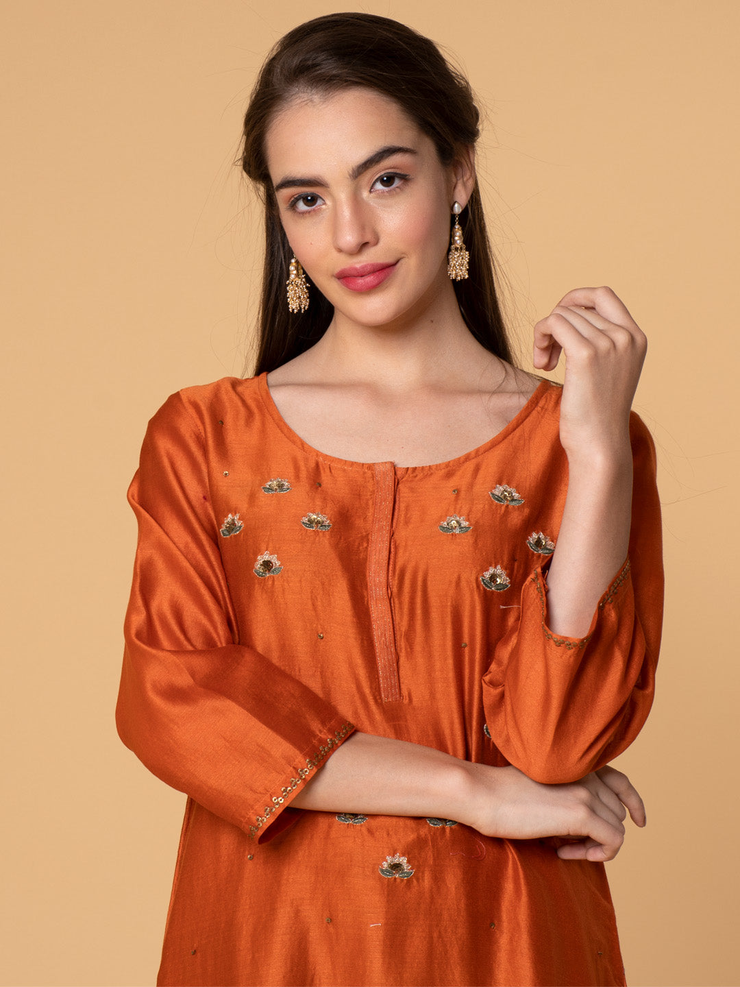ORANGE SEQUINS EMBROIDERED CHANDERI KURTA