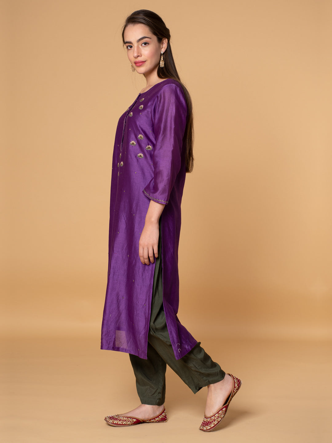 PURPLE SEQUINS EMBROIDERED CHANDERI KURTA
