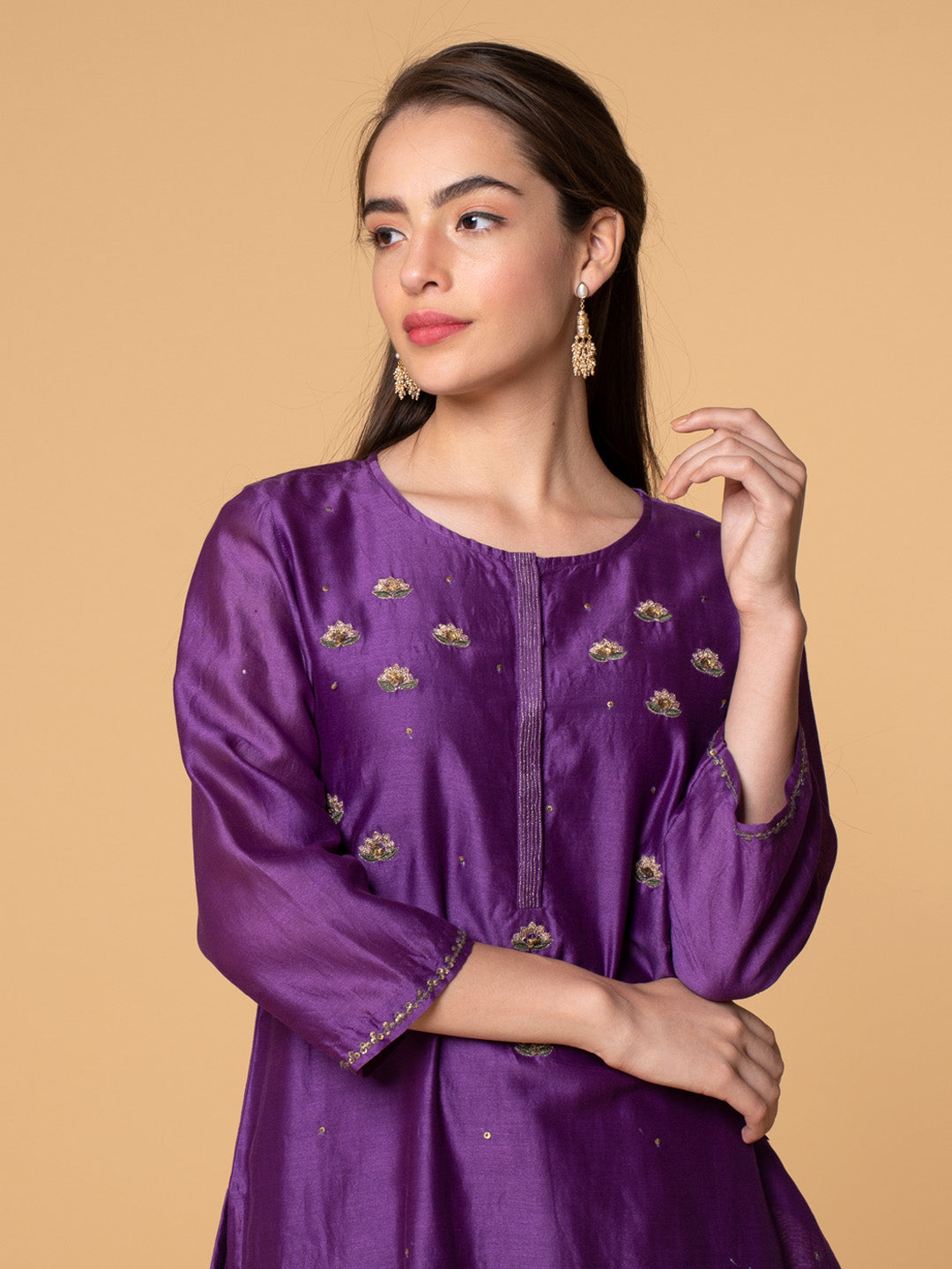 PURPLE SEQUINS EMBROIDERED CHANDERI KURTA