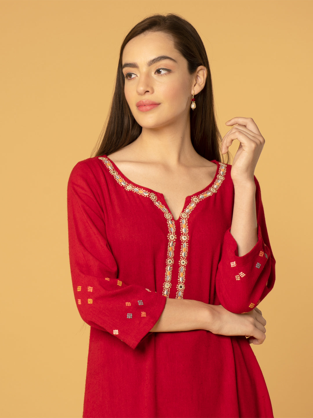 RED MIRROR EMBROIDERED LINEN VISCOSE KURTA WITH PANTS