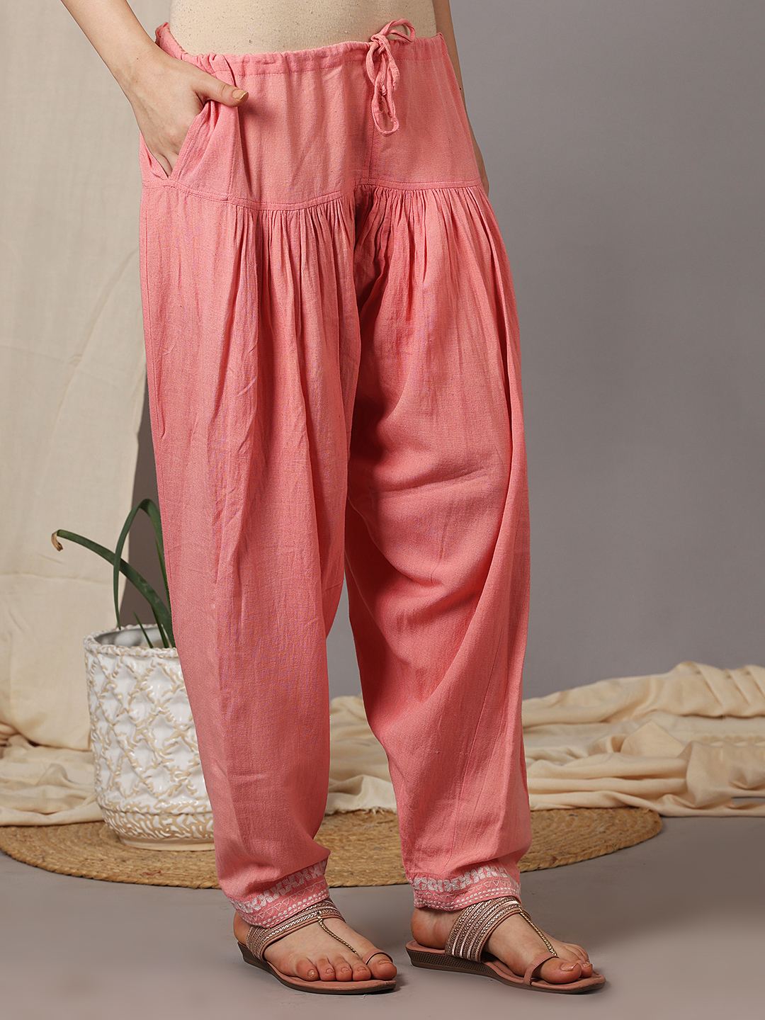 PEACH EMBROIDERED VISCOSE LINEN KURTA WITH SALWAR