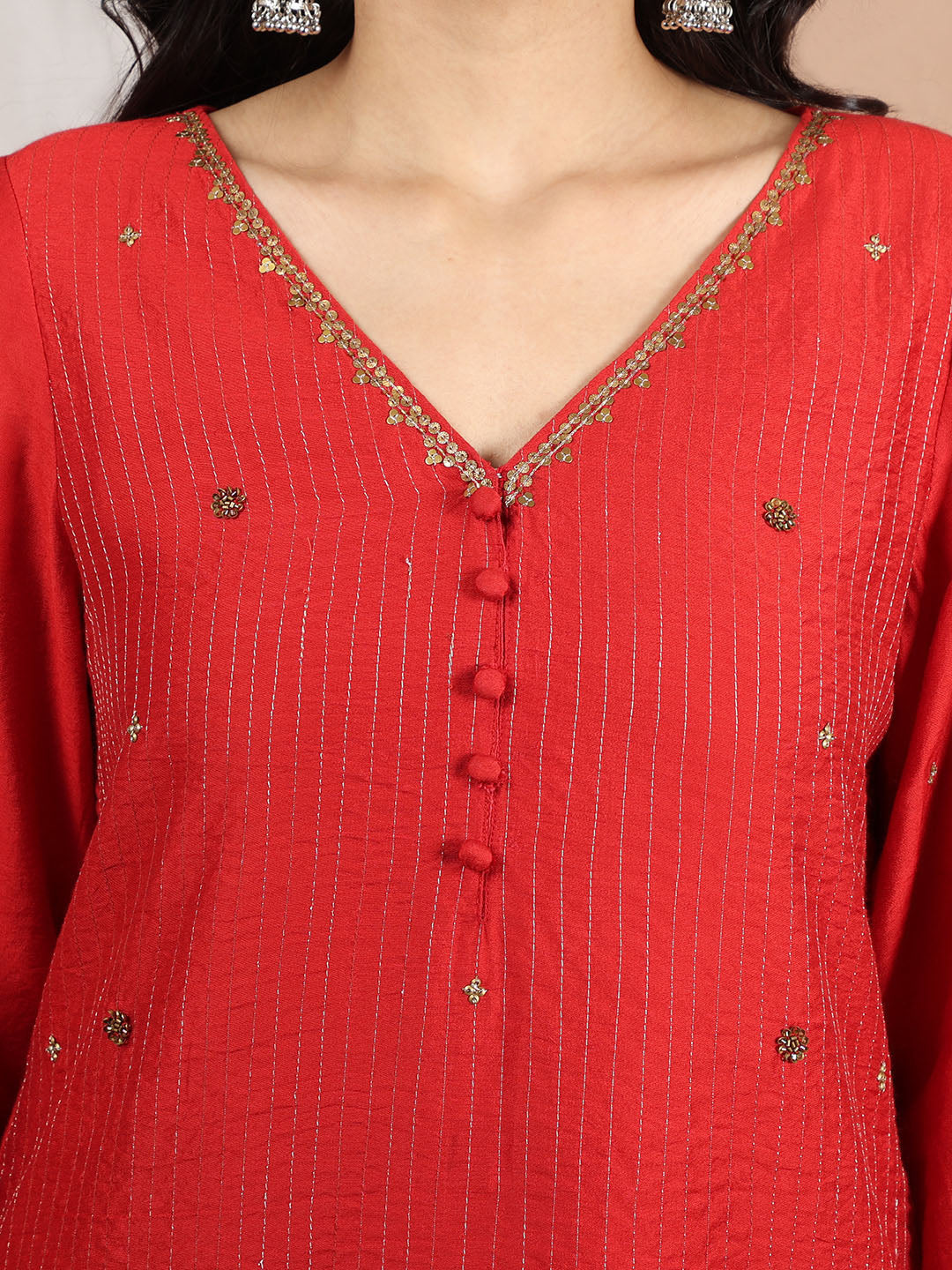 RED EMBELLISHED CHANDERI KURTA WITH PANTS