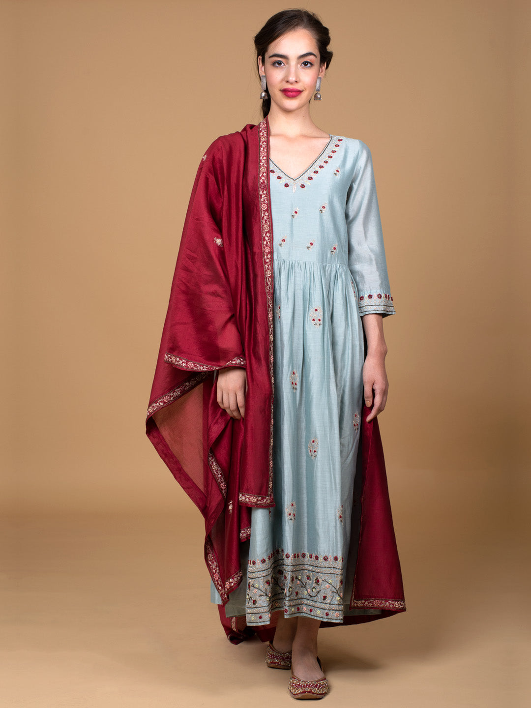 MINT GREEN EMBROIDERED CHANDERI KURTA