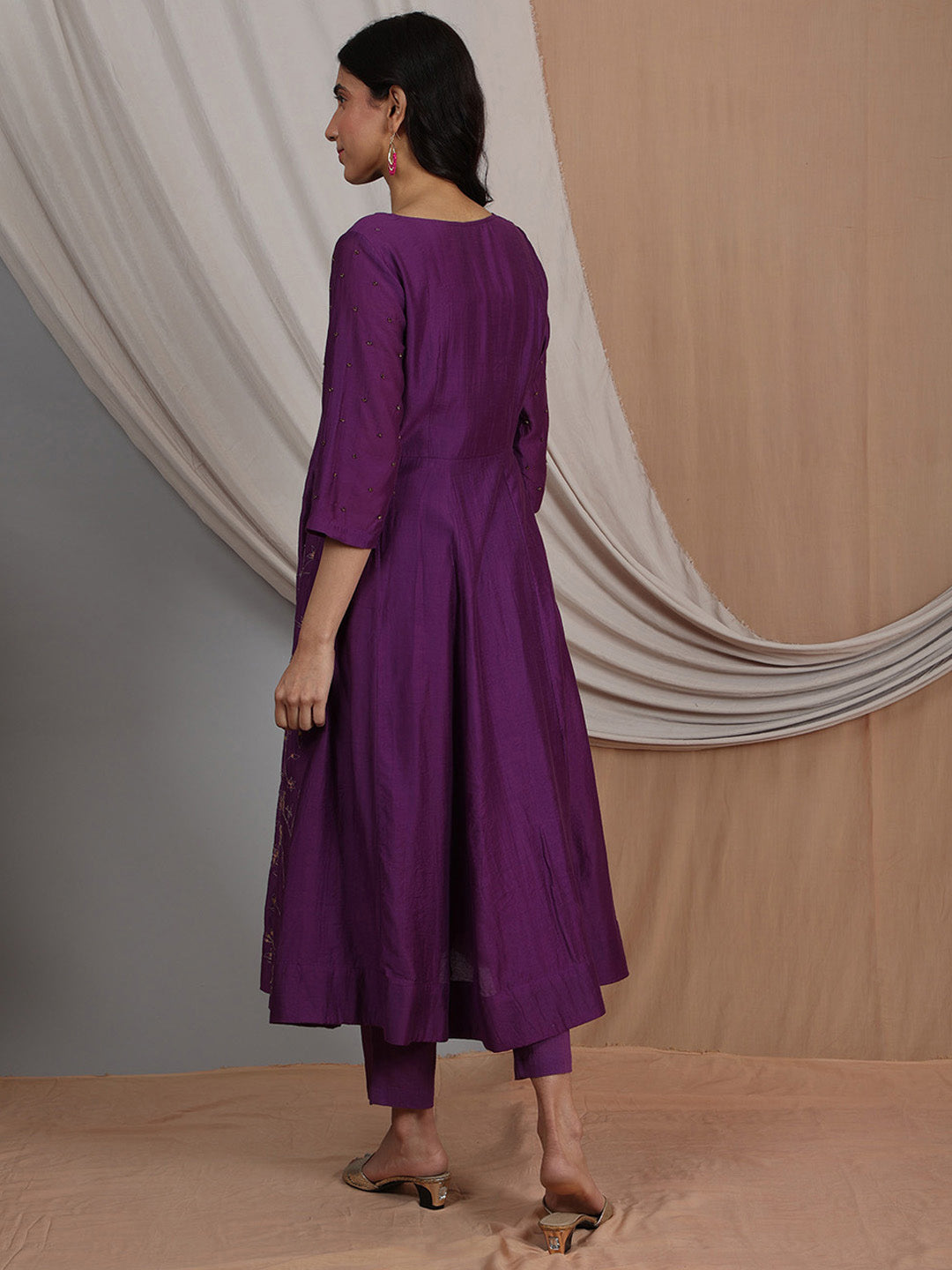 PURPLE EMBROIDERED CHANDERI KURTA WITH PANTS
