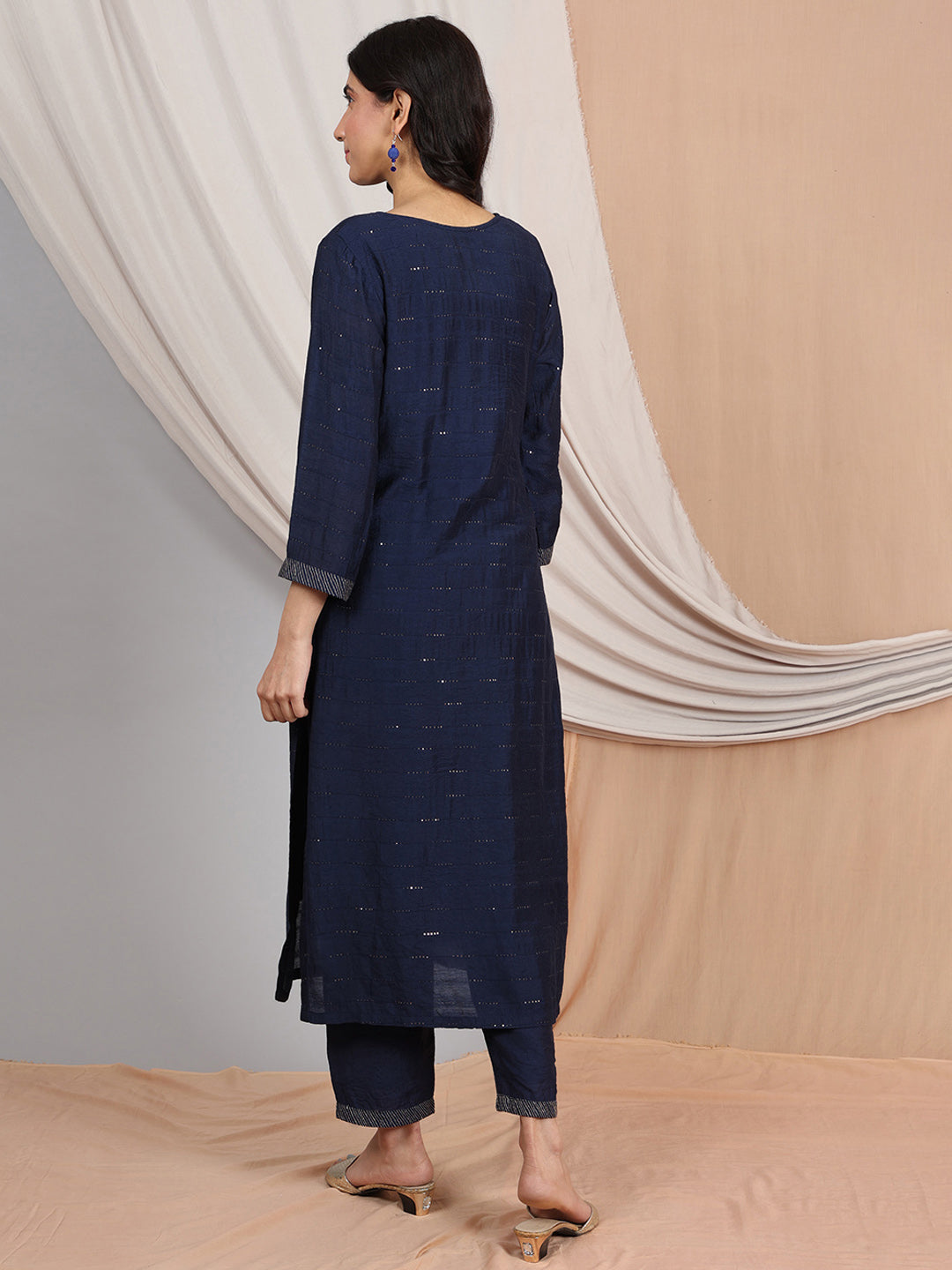 NAVY BLUE EMBROIDERED CHANDERI KURTA
