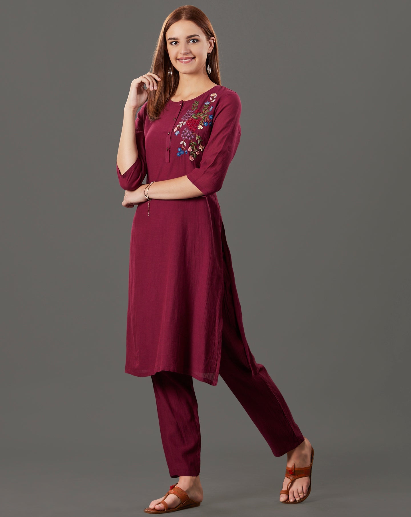 MAROON EMBROIDERED COTTON SILK KURTA