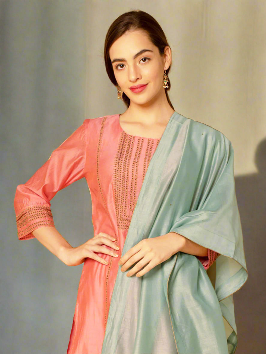 PASTEL PINK EMBROIDERED CHANDERI KURTA WITH PANTS
