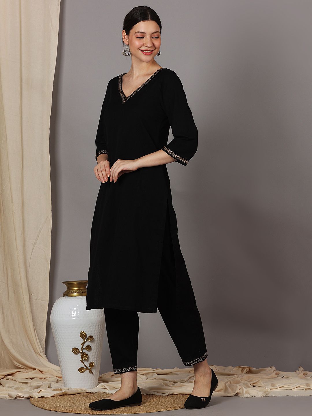 BLACK VISCOSE LINEN PANTS