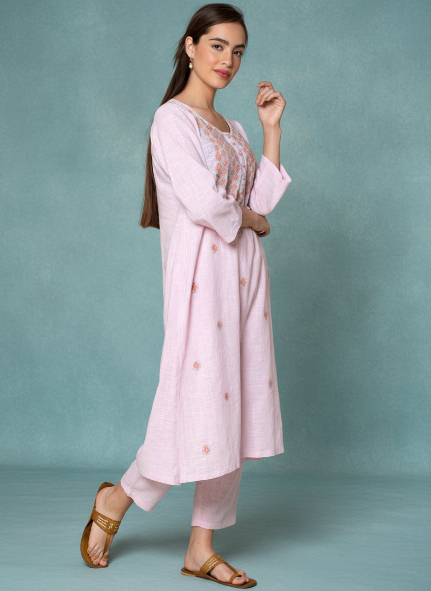 PINK COTTON DOBBY PLEATED KURTA WITH PANTS
