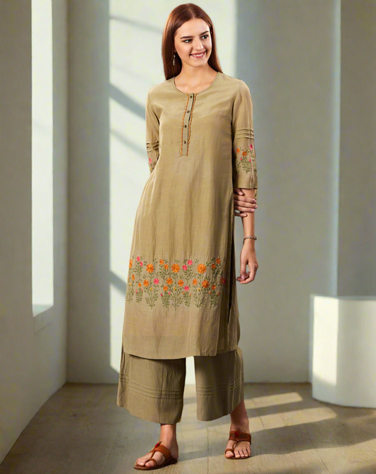 OLIVE GREEN EMBROIDERED COTTON SILK KURTA WITH FLARED PALAZZO