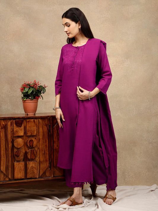 BURGUNDY CUTWORK EMBROIDERED COTTON KURTA WITH PANTS