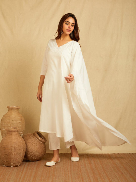 White V-Neck Ebroidered Kurta With Pants And Embroidered Dupatta