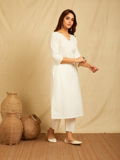 White V-Neck Ebroidered Kurta With Pants And Embroidered Dupatta