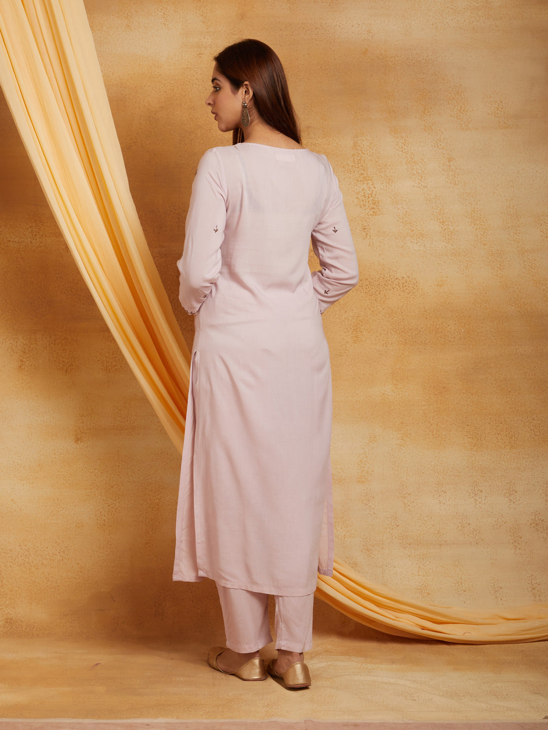 Mauve V-Neck Embellished Kurta Set with Pant and Dupatta