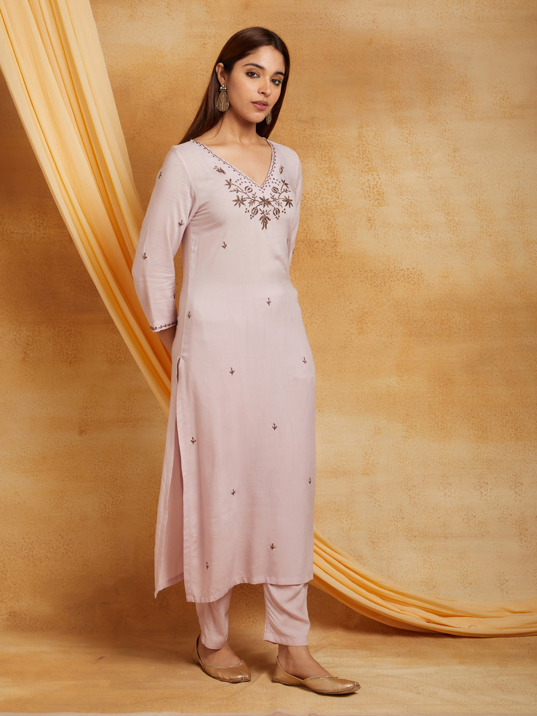 Mauve V-Neck Embellished Kurta Set with Pant and Dupatta