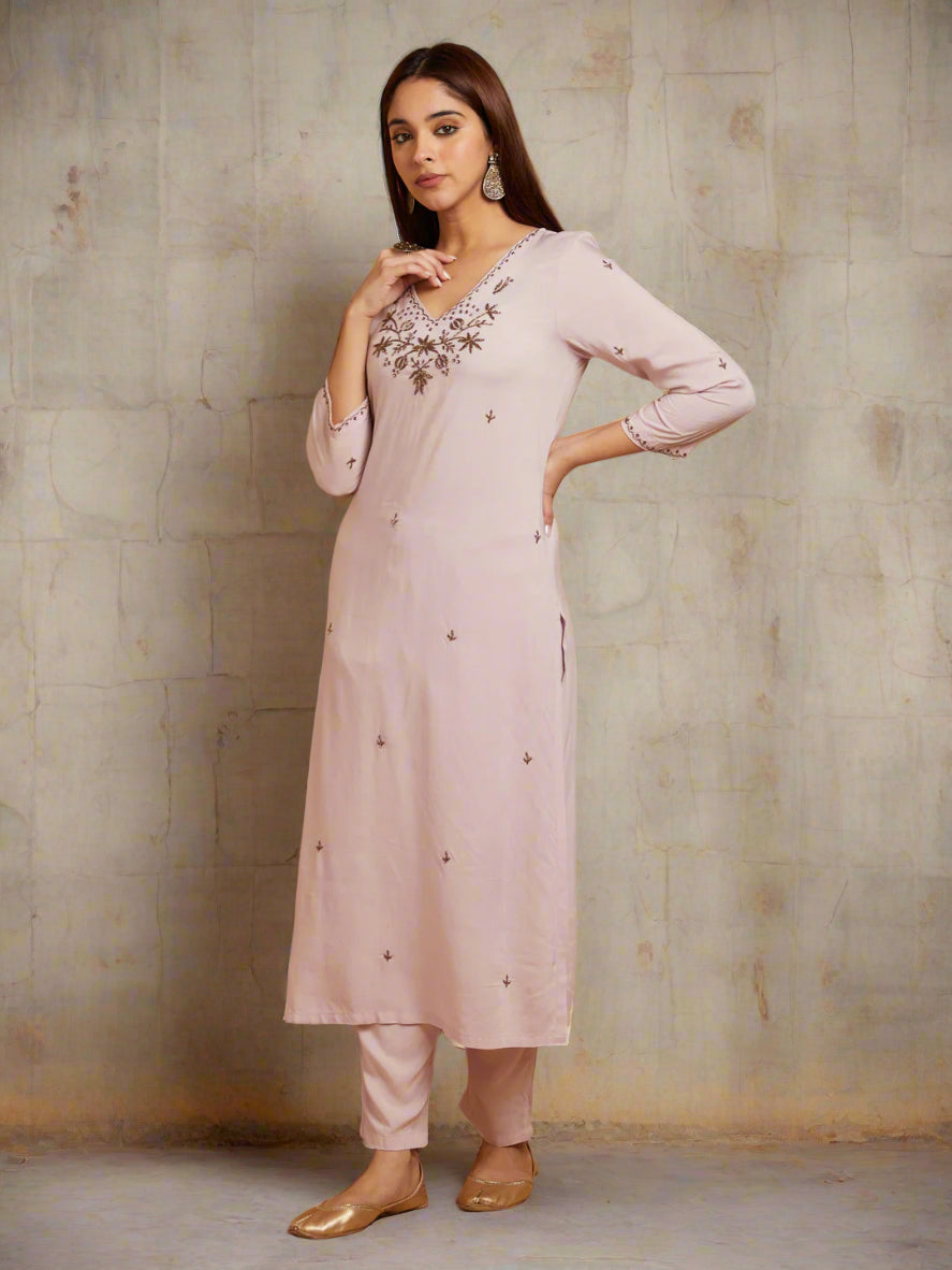 Mauve V-Neck Embellished Kurta Set with Pant and Dupatta