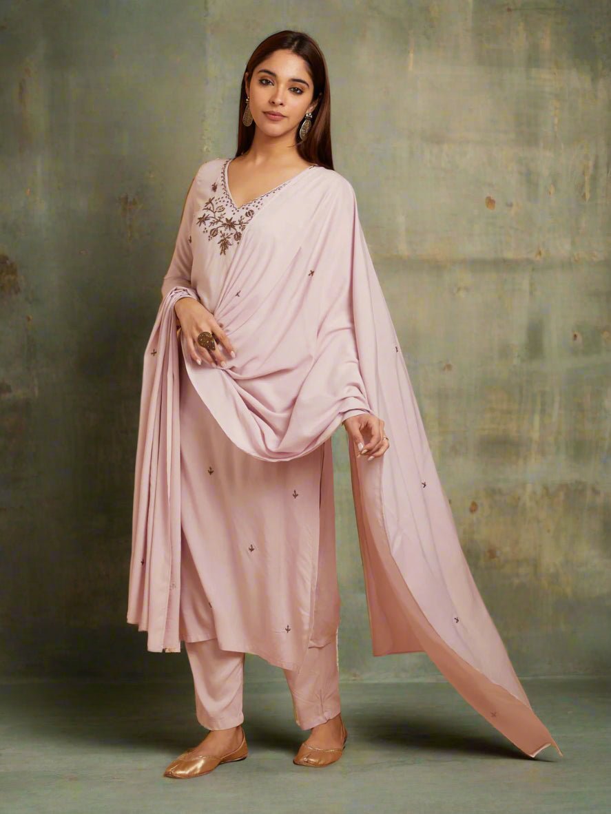 Mauve V-Neck Embellished Kurta Set with Pant and Dupatta