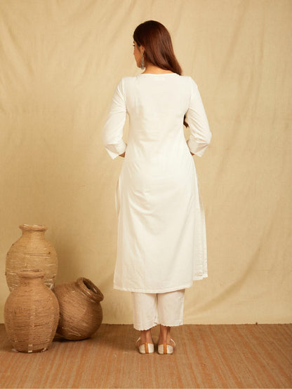 White V-Neck Embroidered Kurta With Pants