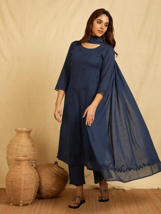 Navy Blue Tonal Applique Embroidered Kurta With Scalloped Pants And Dupatta