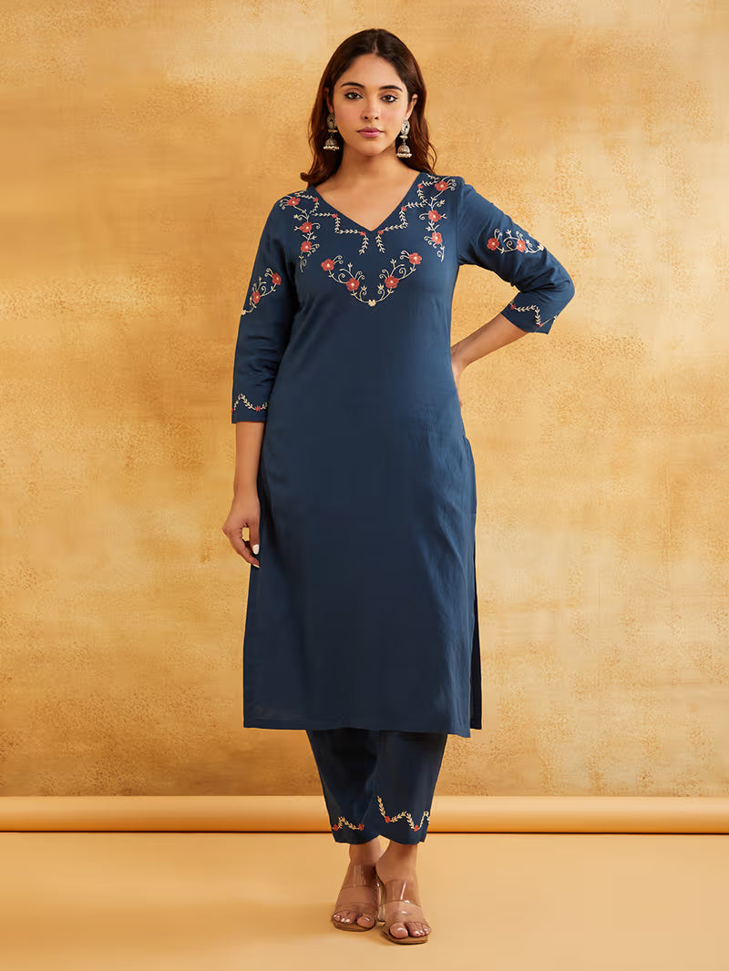 Blue Embroidered Cotton Linen Kurta with Pants