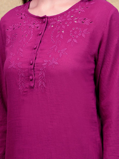BURGUNDY CUTWORK EMBROIDERED COTTON KURTA WITH PANTS
