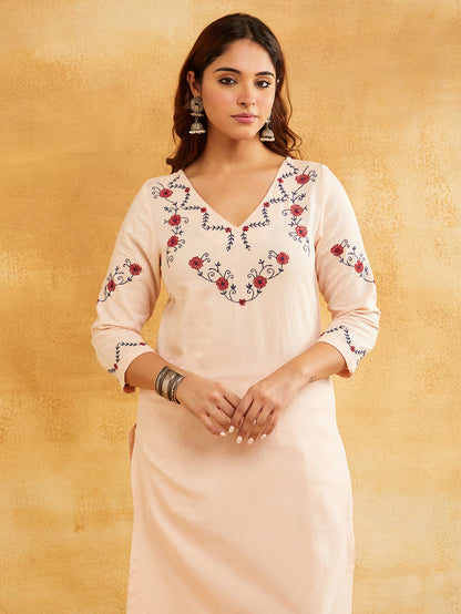 Light Pink Embroidered Cotton Linen Kurta with Pants