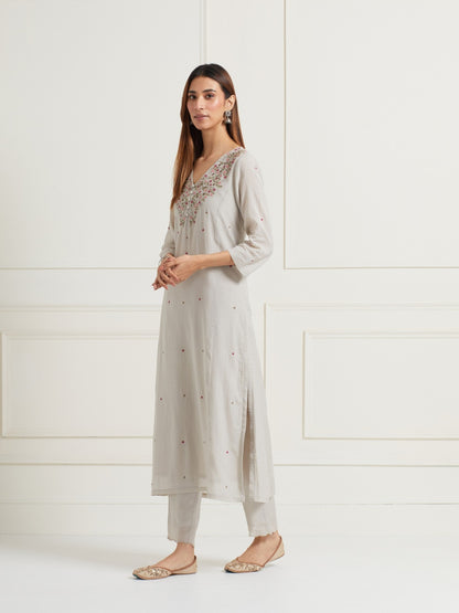 PASTEL GREY EMBROIDERED & EMBELLISHED KURTI WITH PANTS