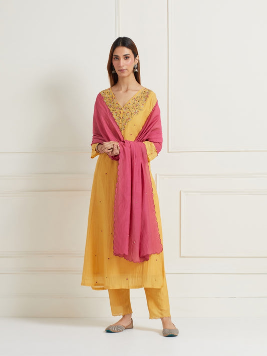 MUSTARD YELLOW EMBROIDERED & EMBELLISHED KURTI WITH PANTS AND DUPATTA (SET OF THREE)