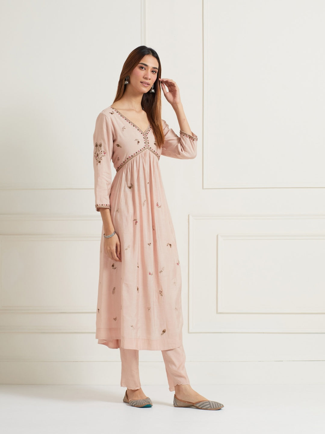 OLD ROSE A-LINE GATHERED CHANDERI KURTI WITH PANTS