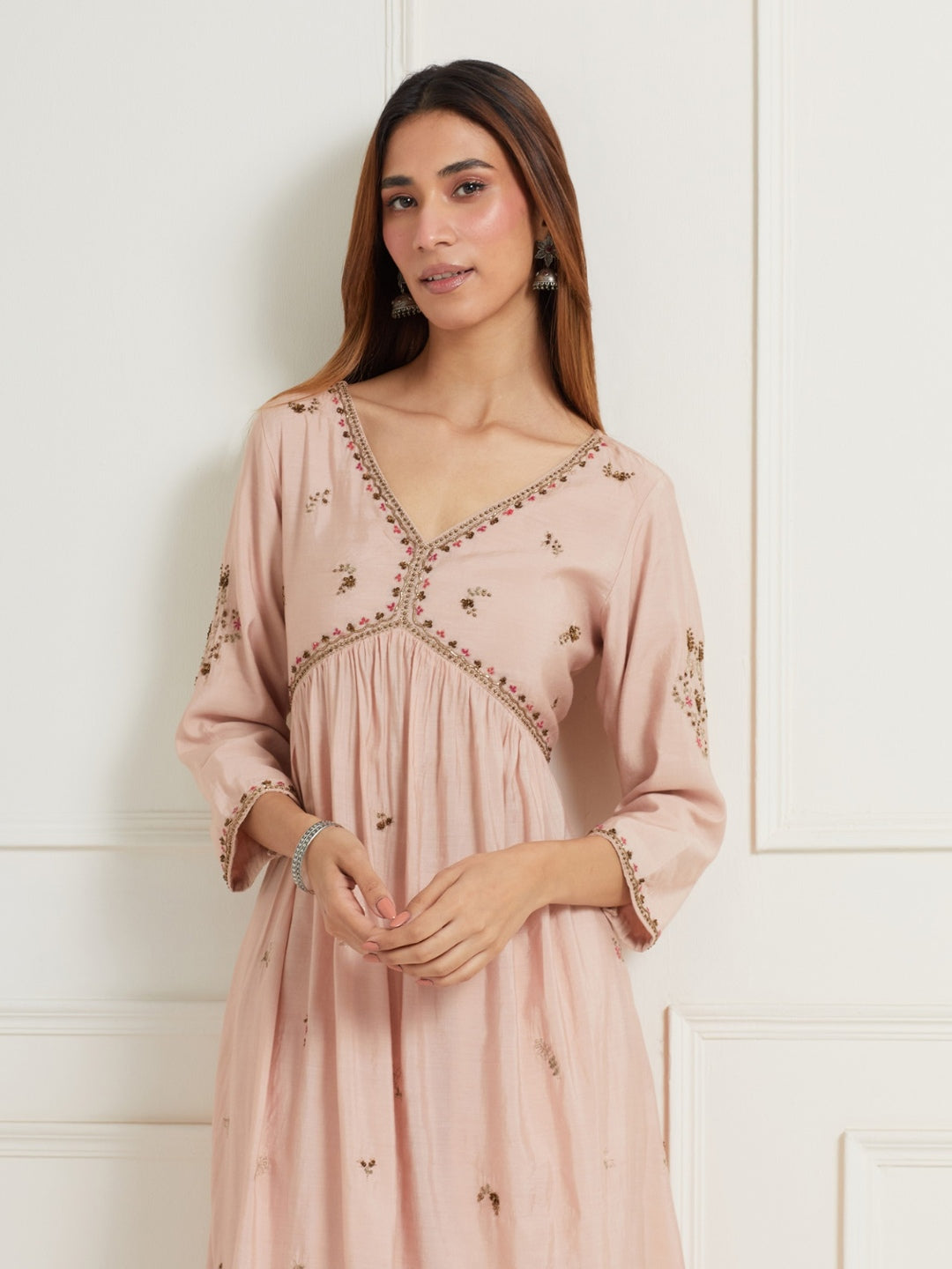 OLD ROSE A-LINE GATHERED CHANDERI KURTI WITH PANTS