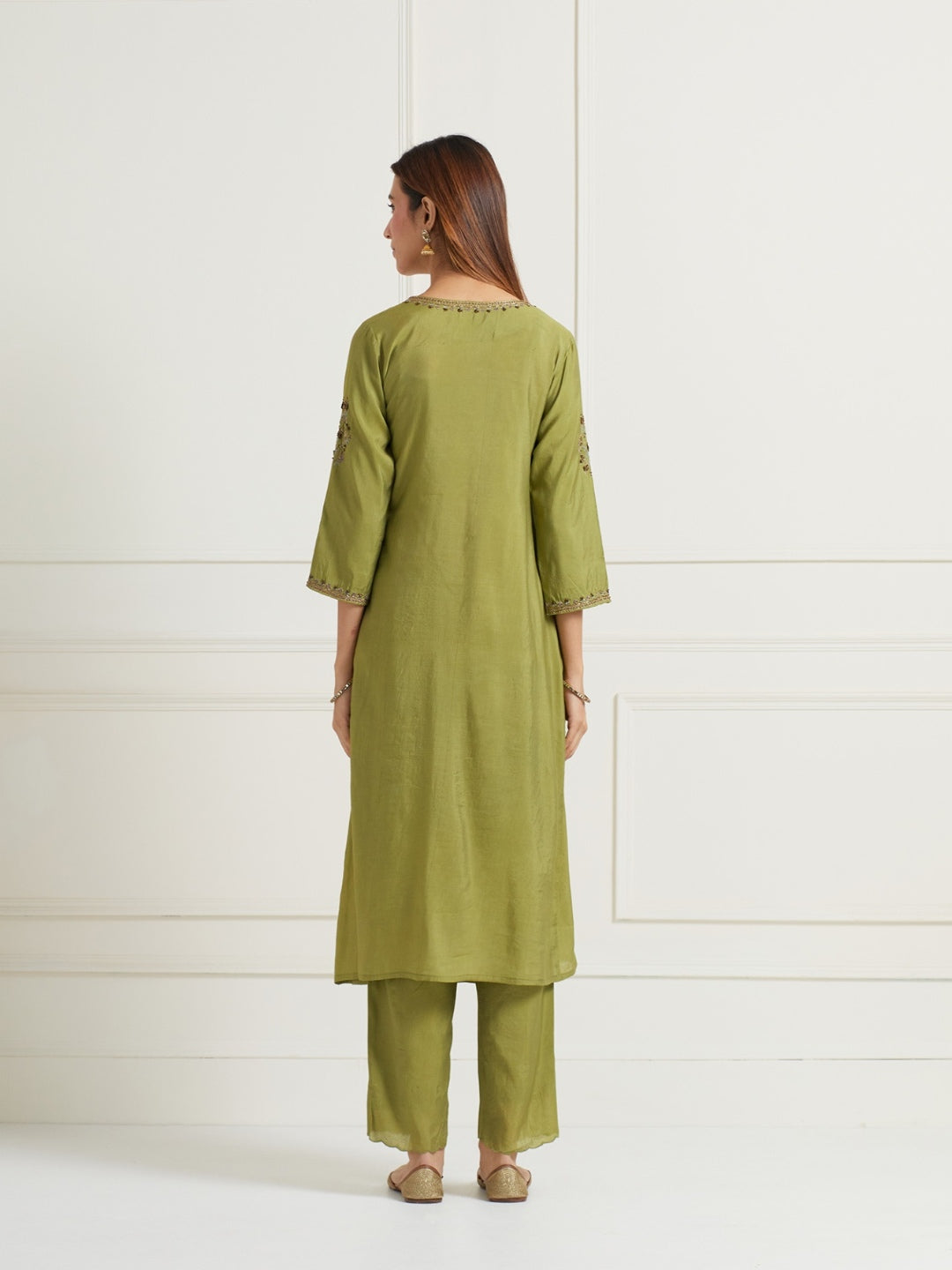 GREEN ANGRAKHA EMBELLISHED CHANDERI KURTI