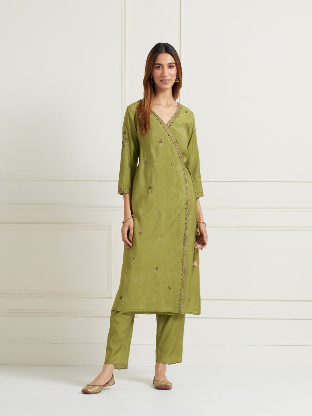 GREEN ANGRAKHA EMBELLISHED CHANDERI KURTI