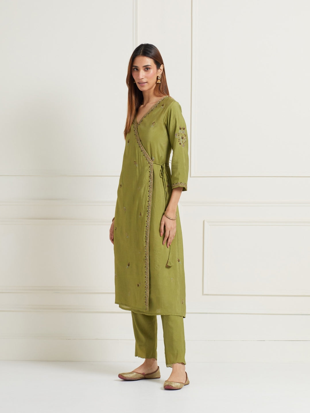 GREEN ANGRAKHA EMBELLISHED CHANDERI KURTI
