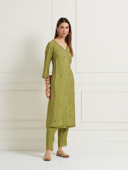 GREEN ANGRAKHA EMBELLISHED CHANDERI KURTI