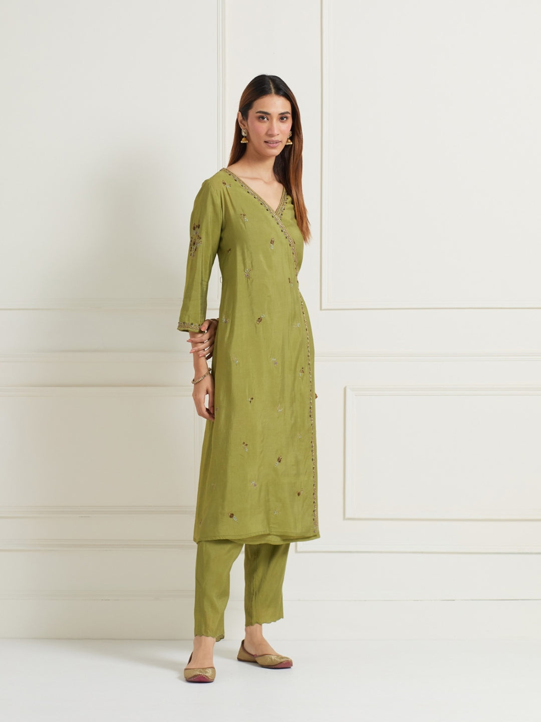 SAGE GREEN ANGRAKHA CHANDERI KURTI WITH PANTS