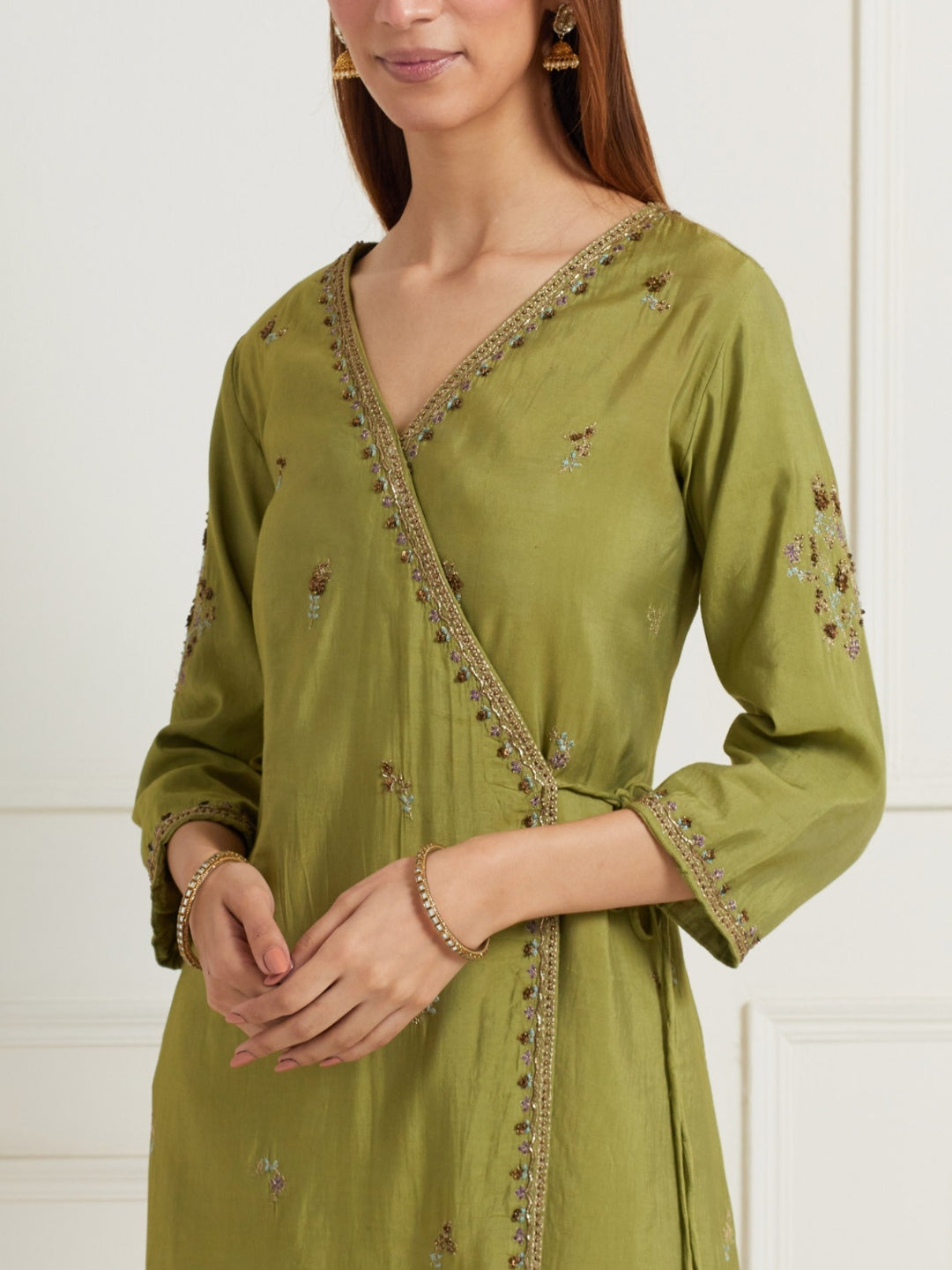 GREEN ANGRAKHA EMBELLISHED CHANDERI KURTI
