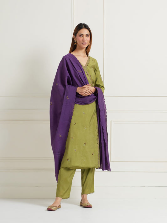 SAGE GREEN ANGRAKHA CHANDERI KURTI WITH PANTS AND DUPATTA (SET OF DUPATTA)