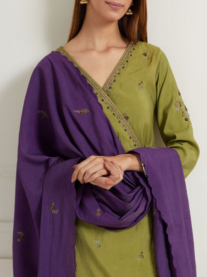 SAGE GREEN ANGRAKHA CHANDERI KURTI WITH PANTS