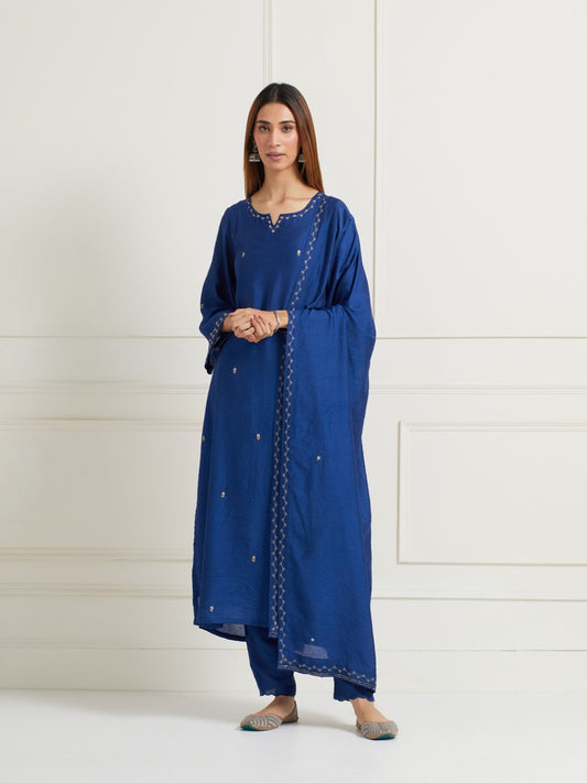 BLUE CHANDERI HANDWORK EMBROIDERED KURTI WITH PANTS AND DUPATTA (SET OF THREE)